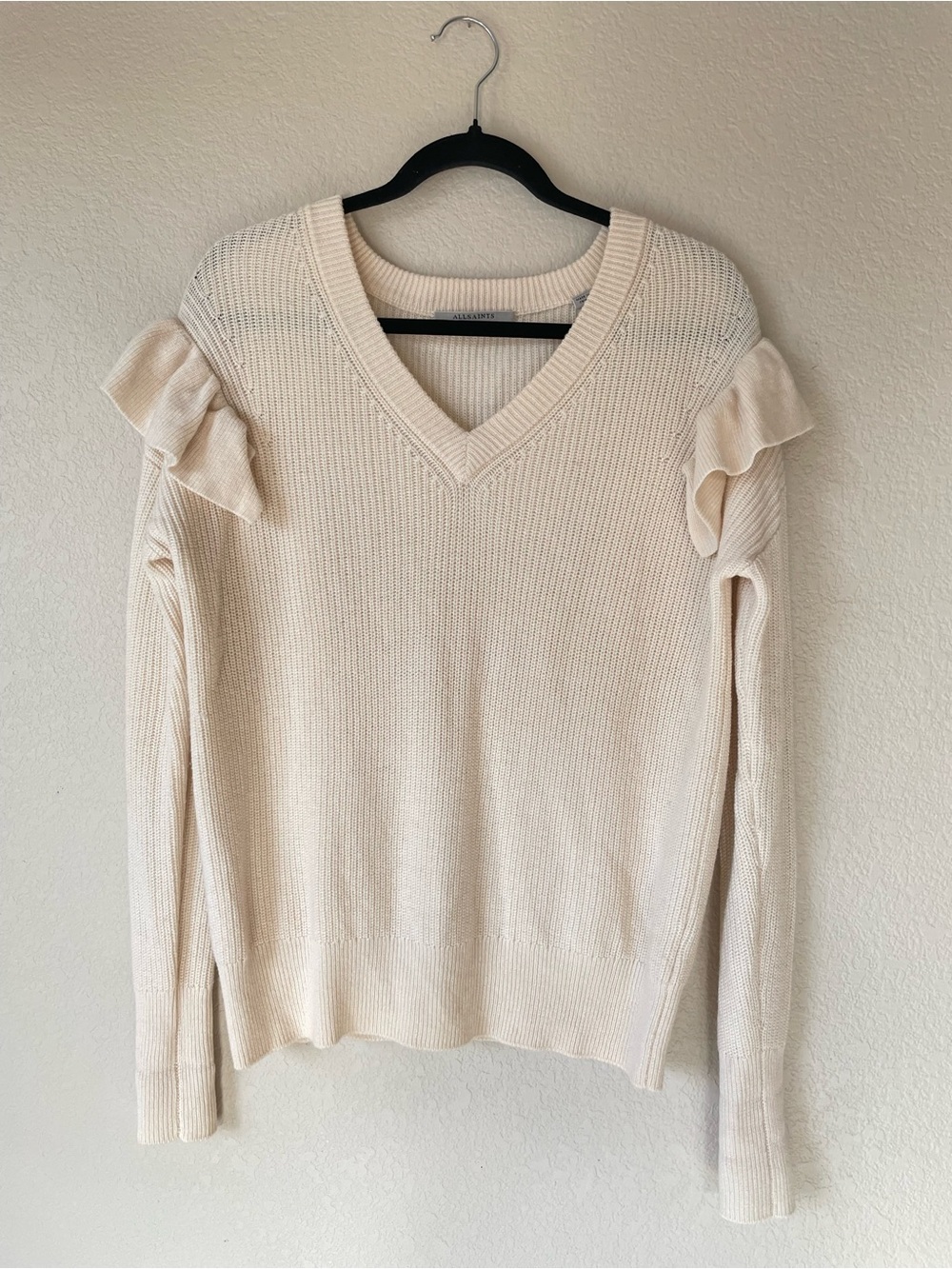 AllSaints Cream Knit V-Neck Sweater with Ruffle Shoulders